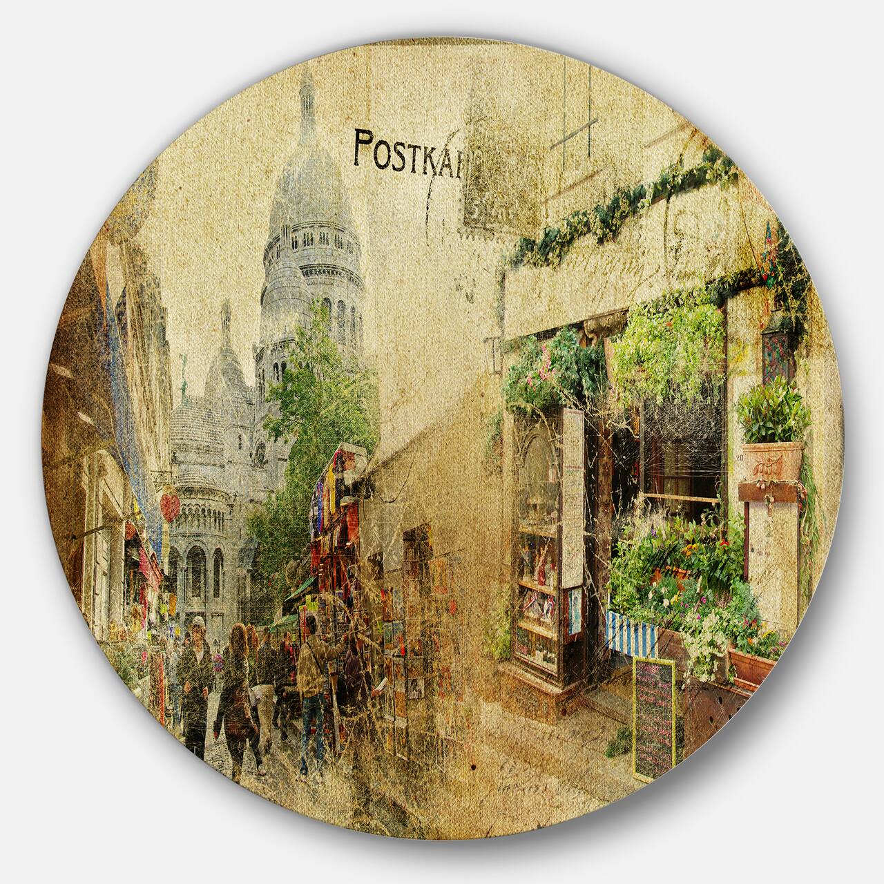 Designart - Vintage Parisian Cards' Disc Contemporary Circle Metal Wall Art
